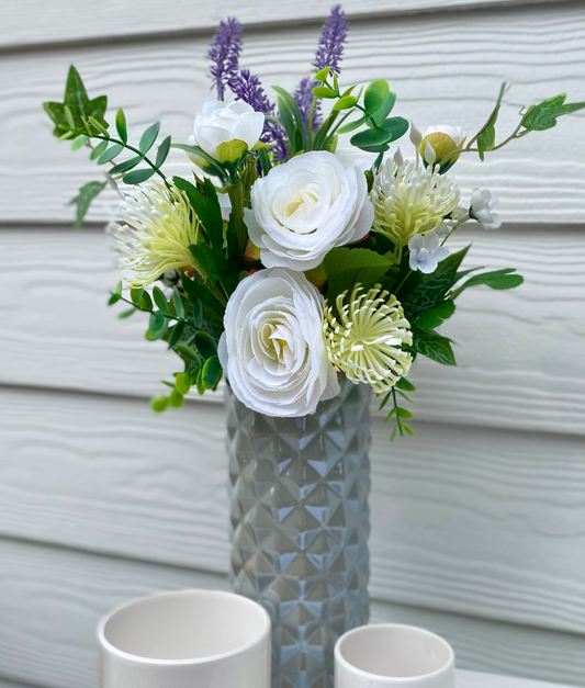 Everlasting Mother's Day Bouquet with Grey Vase - White & Purple